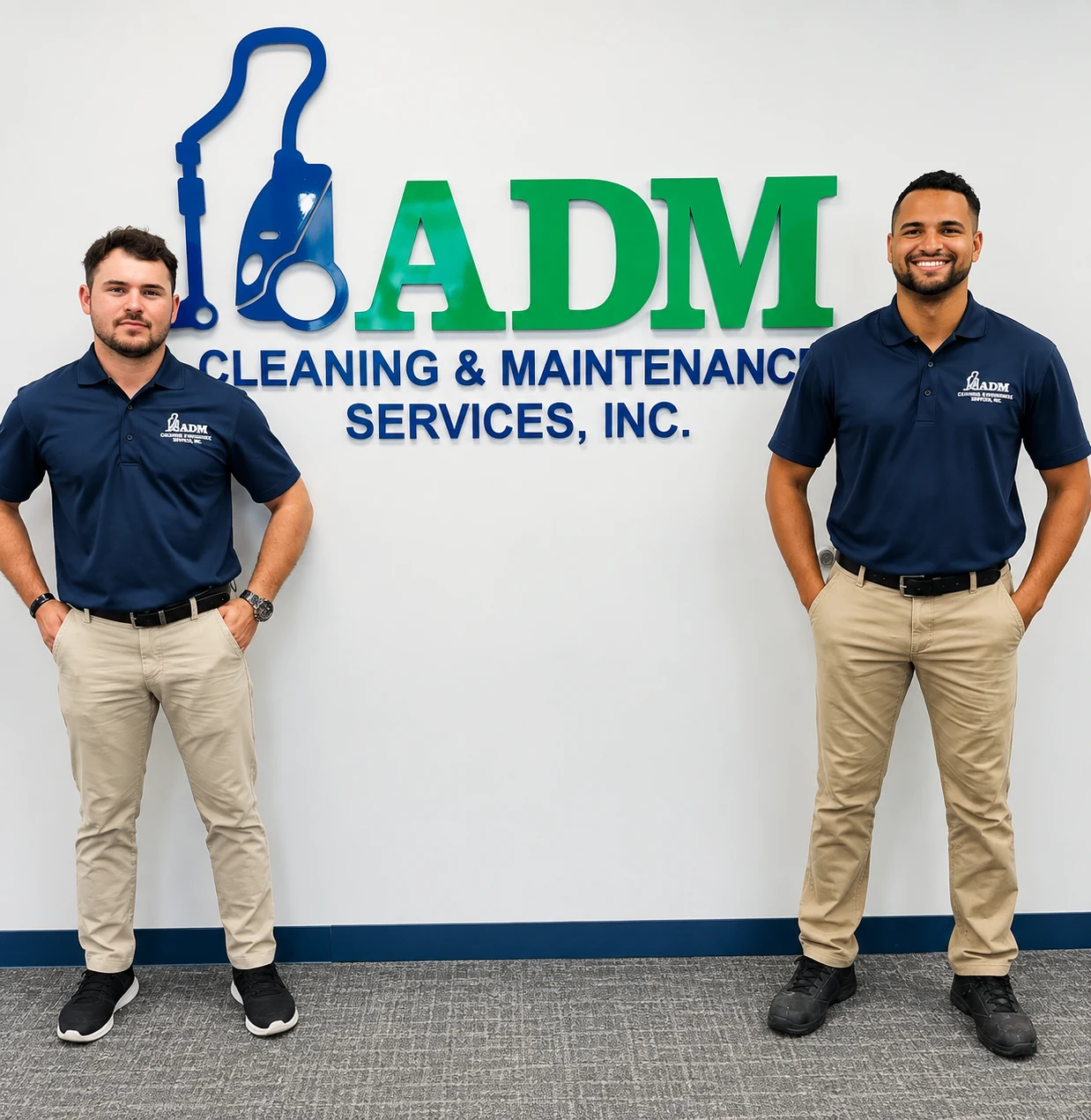 Two ADM Cleaning team members standing beside the ADM Cleaning & Maintenance sign