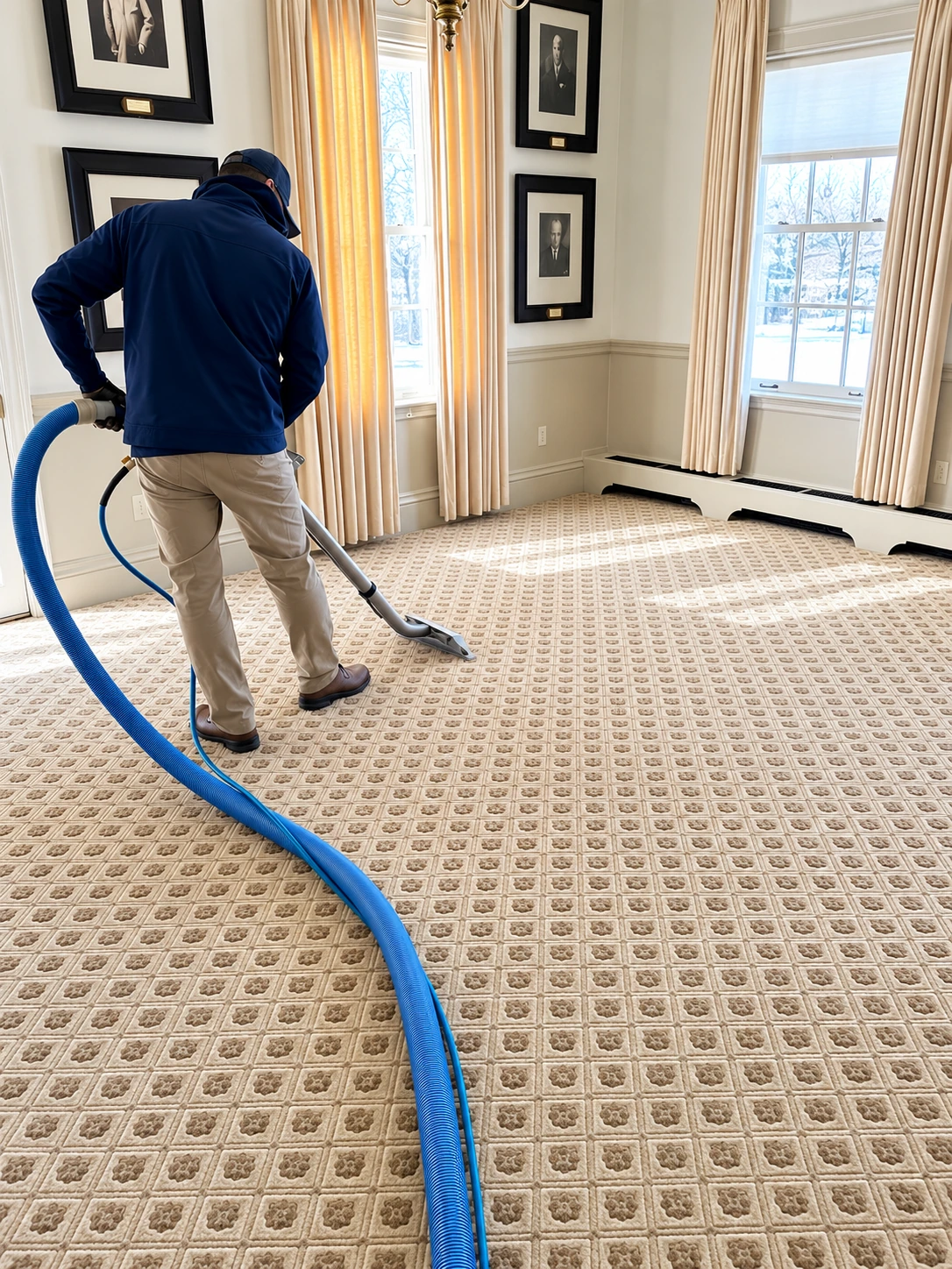 ADM technician cleaning a patterned carpet with an extraction wand